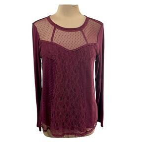 Vanity Burgundy Y2K Tee with Lace Overlay Sheer Yoke LG Fairy Grunge Whimsigoth